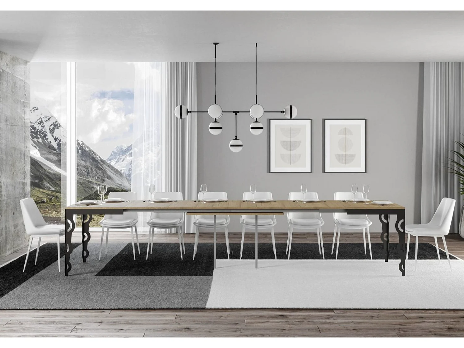 Mesa oriental extensible rectangular para 6 a 20 personas L 180 a 440 cm madera clara y estructura de metal antracita Zakary