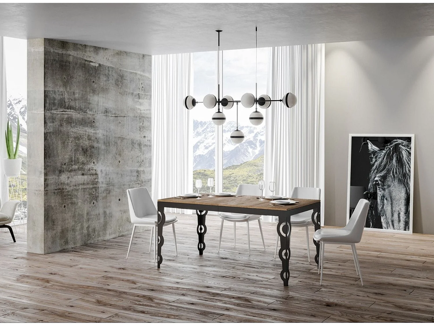 Mesa oriental extensible rectangular para 6 a 20 personas L 180 a 440 cm madera clara y estructura de metal antracita Zakary