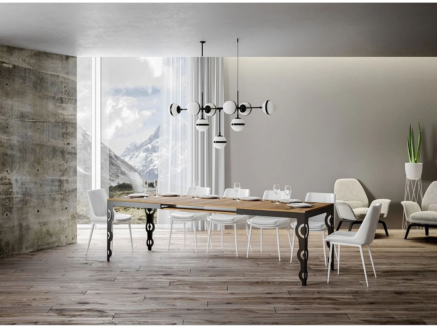 Table rectangulaire extensible orientale 6 à 20 personnes L 180 à 440cm bois clair et cadre métal anthracite Zakary