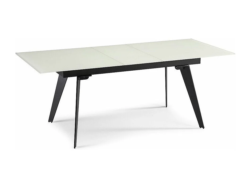 Table à manger en verre trempé blanc avec rallonge centrale et pieds en acier noir