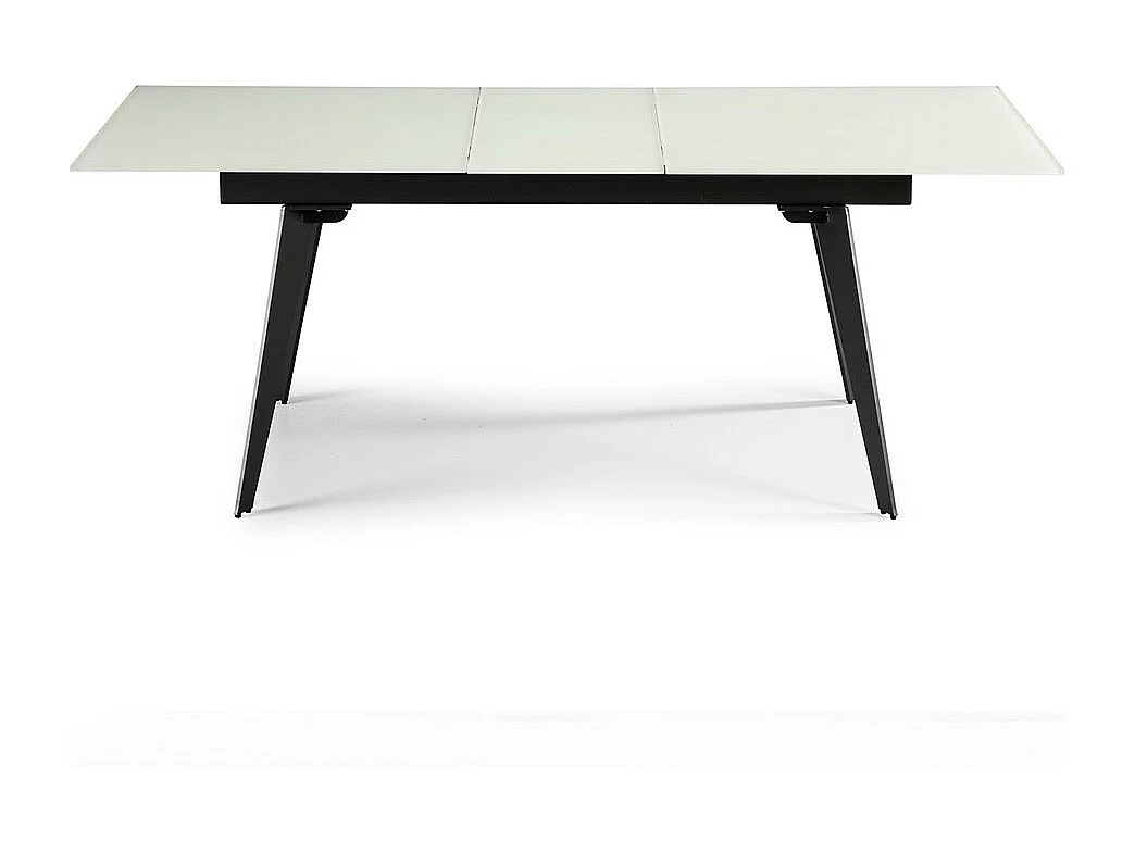 Table à manger en verre trempé blanc avec rallonge centrale et pieds en acier noir