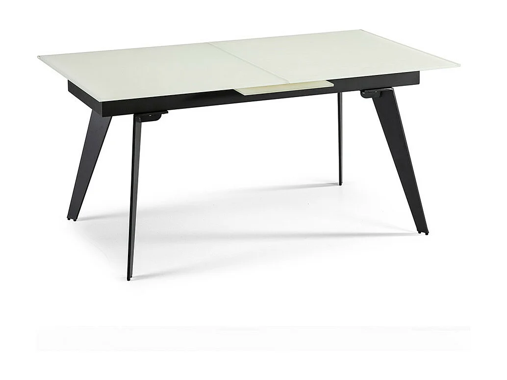 Table à manger en verre trempé blanc avec rallonge centrale et pieds en acier noir