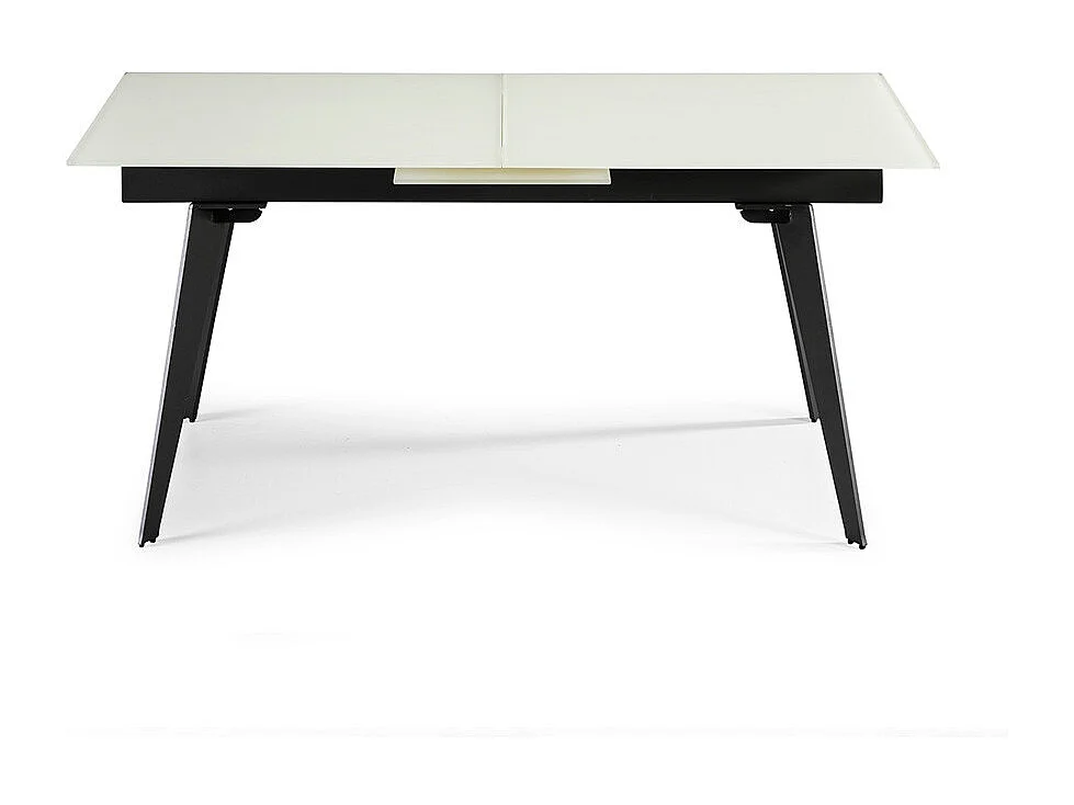 Table à manger en verre trempé blanc avec rallonge centrale et pieds en acier noir