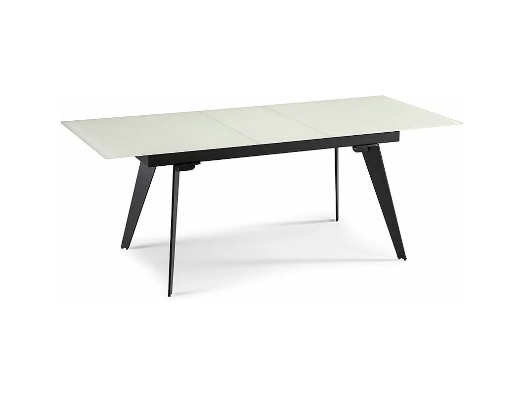 Table à manger en verre trempé blanc avec rallonge centrale et pieds en acier noir