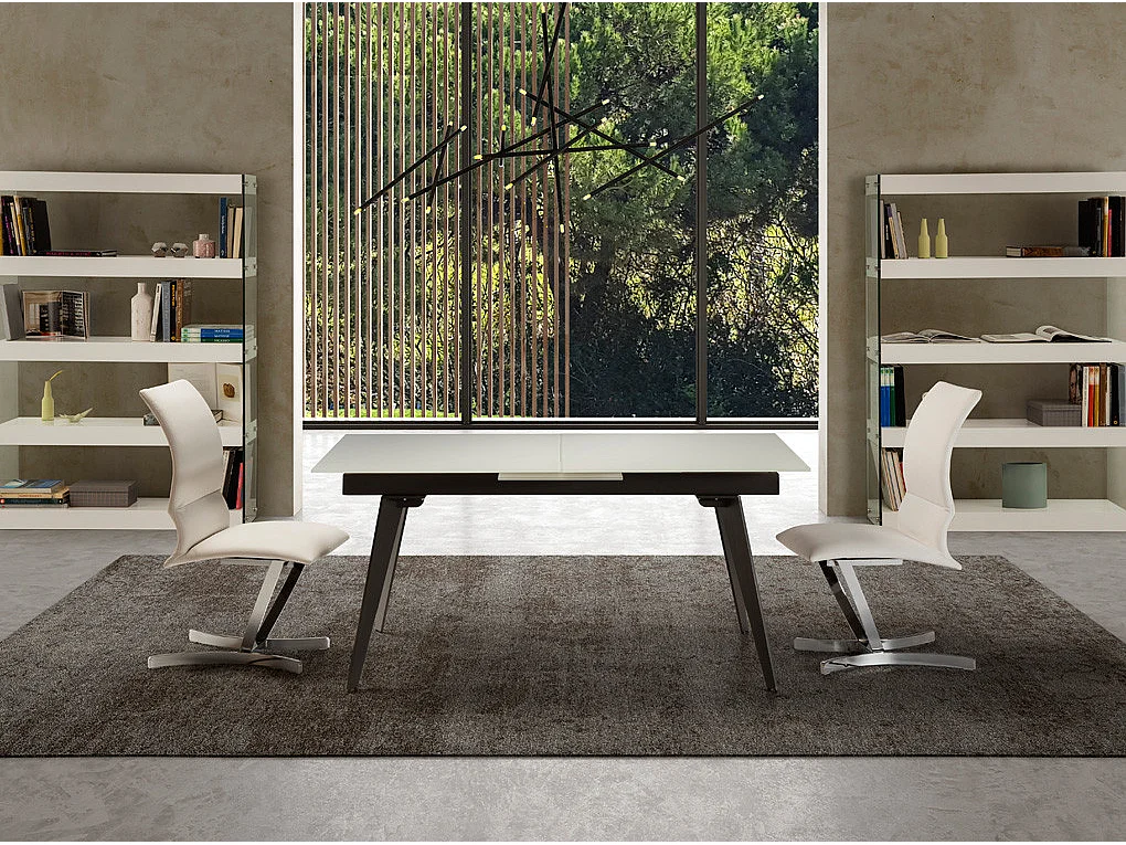 Table à manger en verre trempé blanc avec rallonge centrale et pieds en acier noir