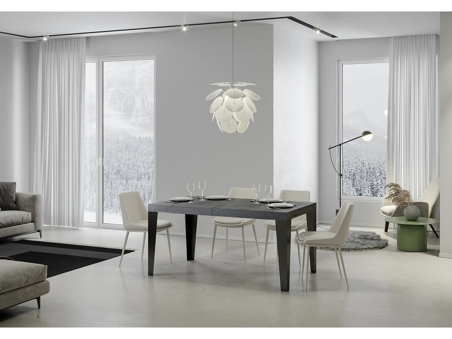 Table rectangulaire extensible 6 à 10 places L 130 à 234cm grise effet béton et pieds métal anthracite Flavio