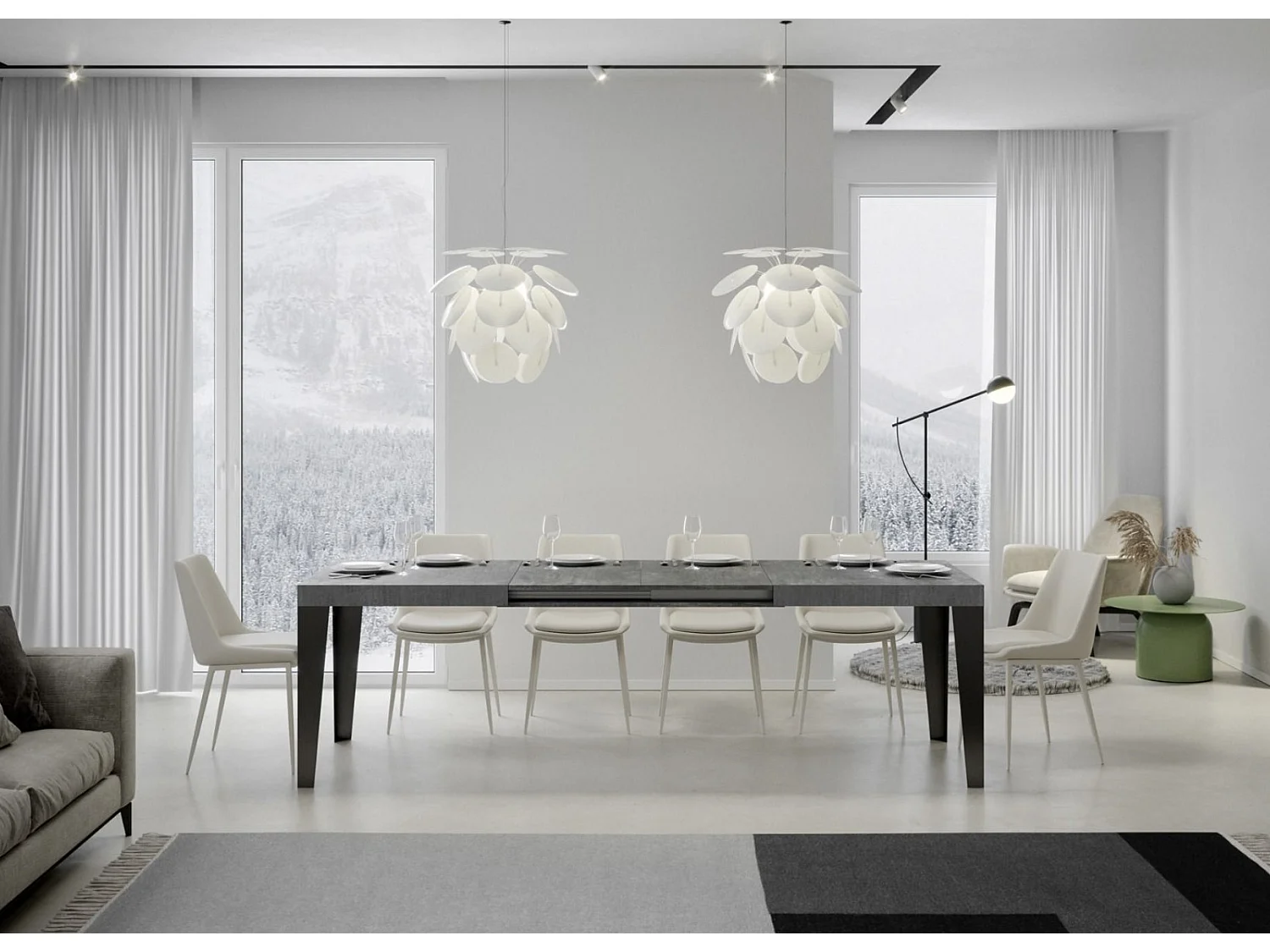 Table rectangulaire extensible 6 à 10 places L 130 à 234cm grise effet béton et pieds métal anthracite Flavio