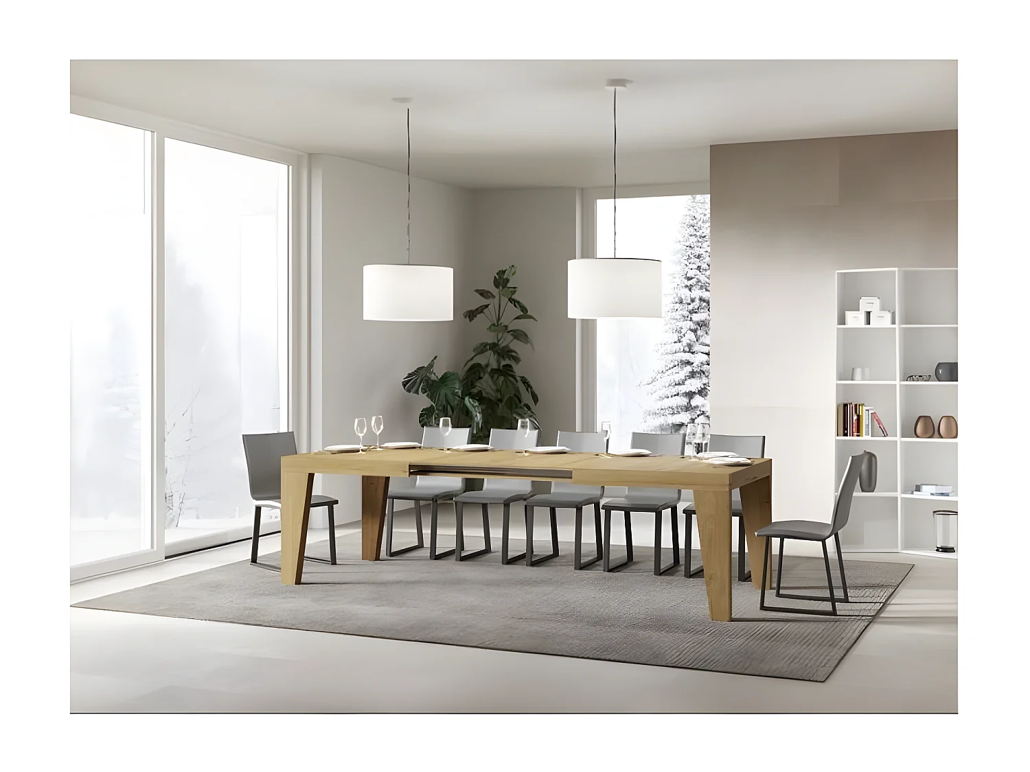 Mesa de comedor extensible de madera Naxo.-Color Natural-Soporte 2 pies-5 alargaderas finas-Ancho extensible