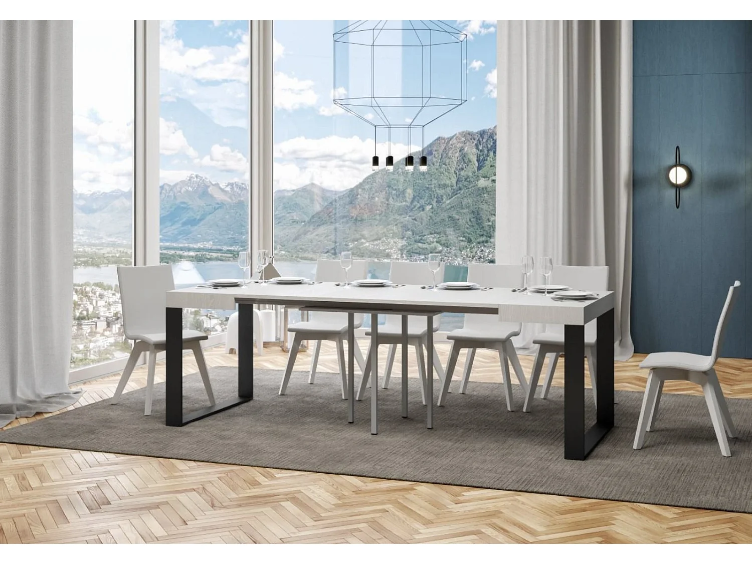 Mesa extensible cuadrada pequeña 90x90/246 cm Tiroz-Color Blanco-Soporte 2 pies-3 alargaderas finas