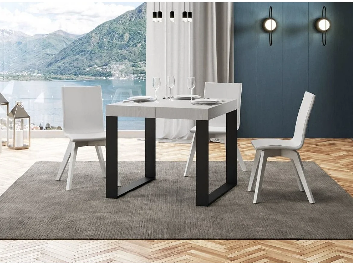 Kleine vierkante uitschuifbare tafel 90 tot 246 cm wit en antraciet metalen poten Tiroz