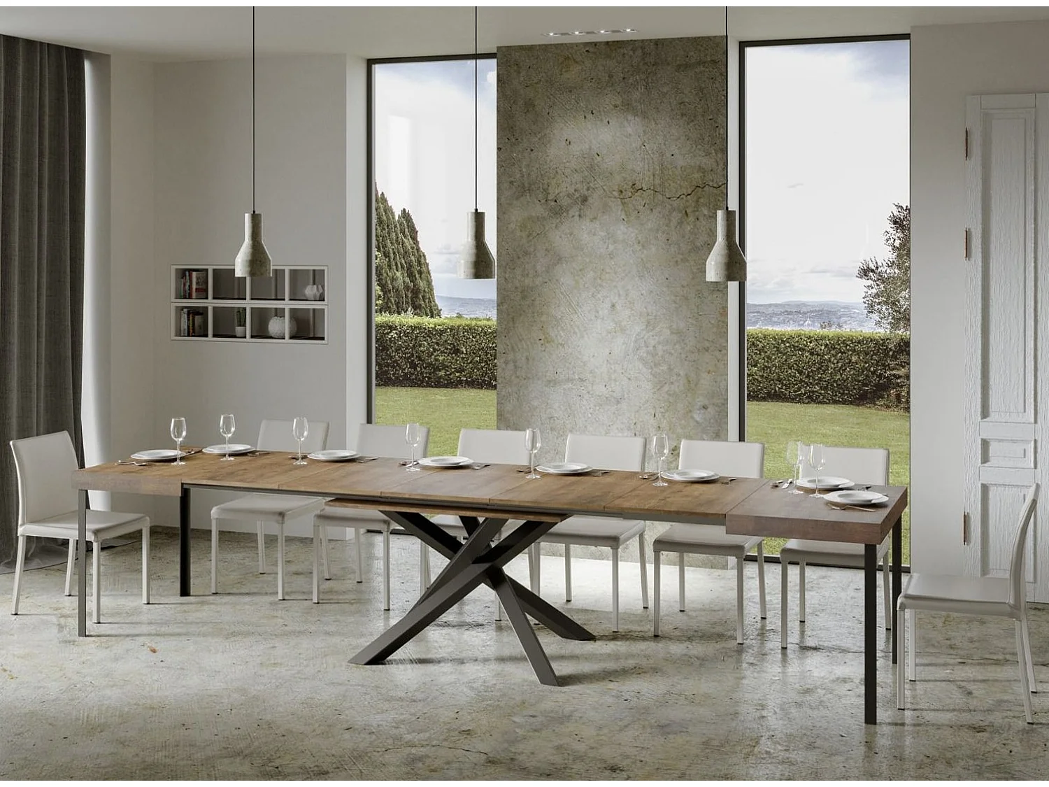 Uitschuifbare tafel voor 6 tot 18 personen in donker hout en antraciet verweven poten L 160 tot 420 cm Artemis