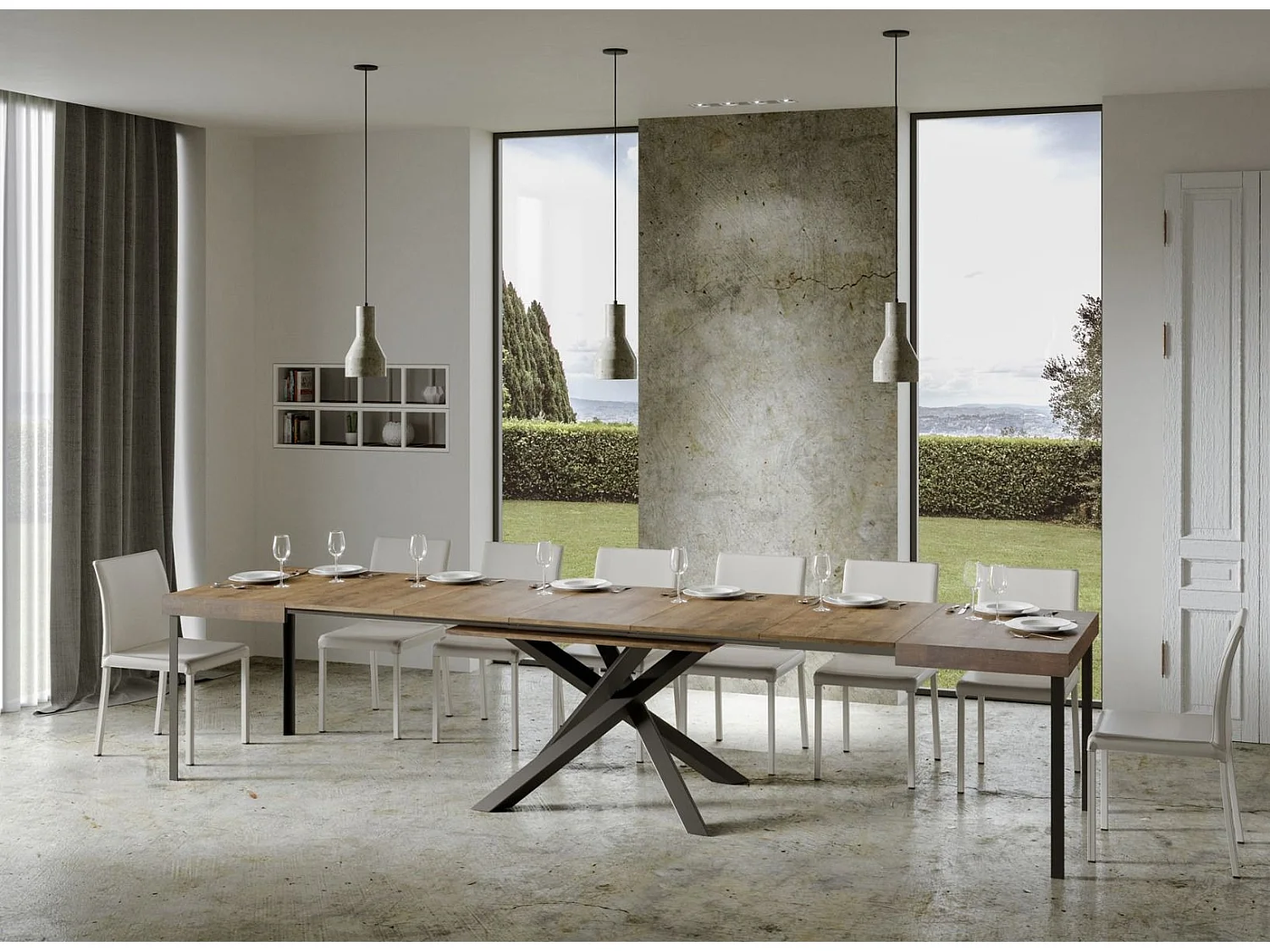Table extensible 6 à 18 personnes bois foncé et pieds entrelacés anthracite L 160 à 420cm Artemis