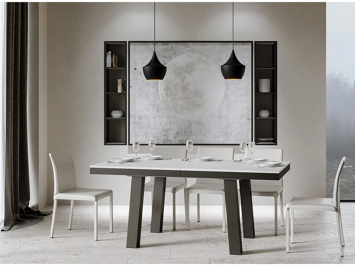 Table extensible 8 à 20 places L 180 à 440cm blanc et cadre métal anthracite Bidy