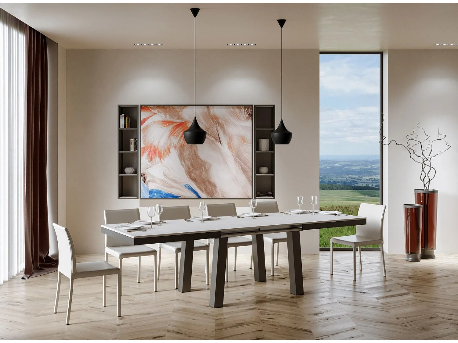 Table extensible 8 à 20 places L 180 à 440cm blanc et cadre métal anthracite Bidy