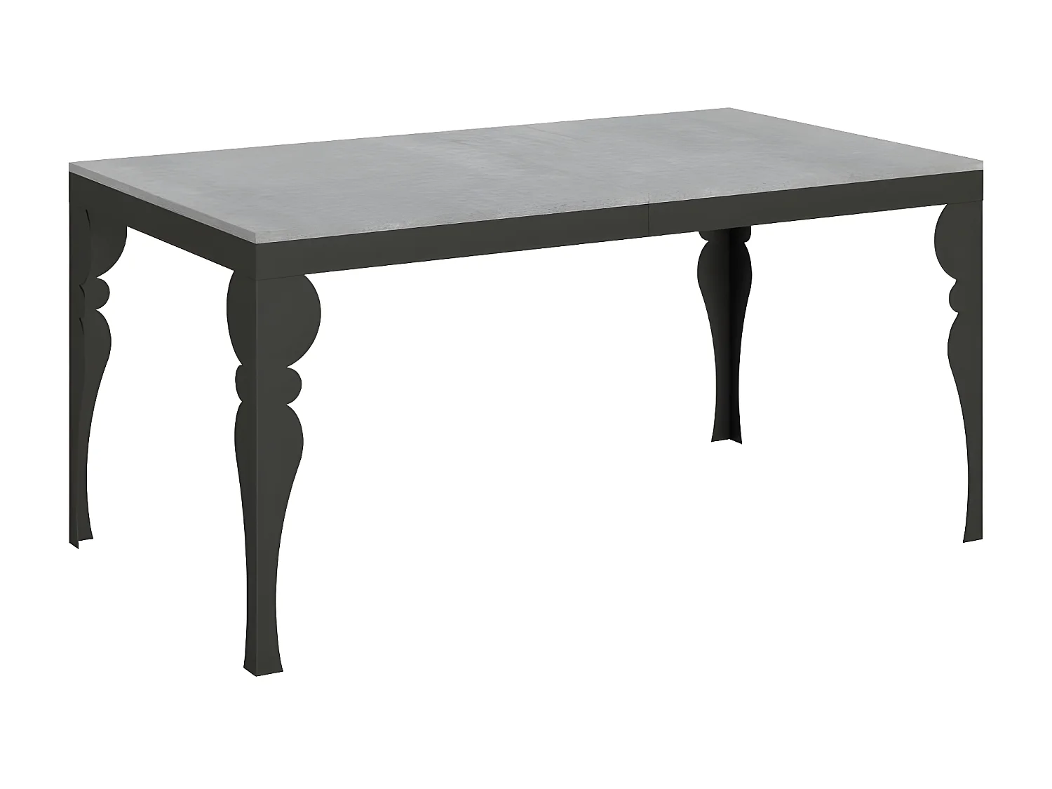 Mesa extensible con patas de acero antracita, estilo oriental Torza evolución-Color Gris cemento-Soporte 2 pies-Ancho extensible