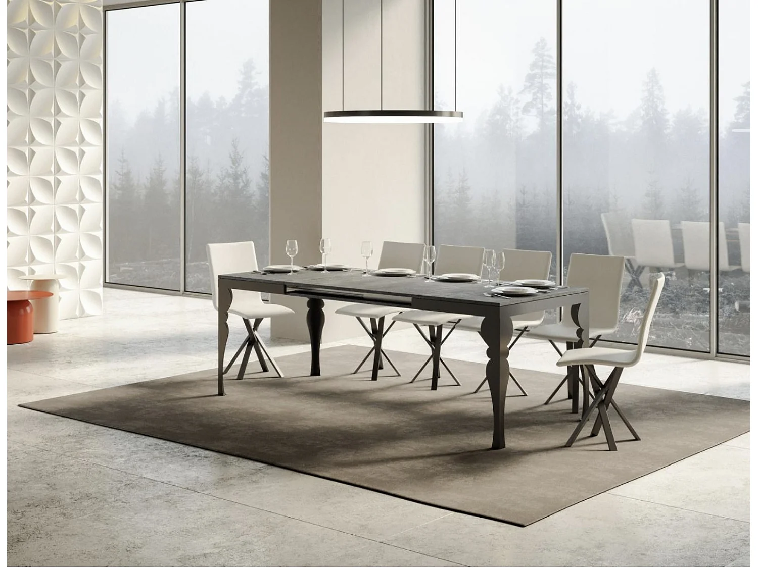 Mesa extensible con patas de acero antracita, estilo oriental Torza evolución-Color Gris cemento-Soporte 2 pies-Ancho extensible