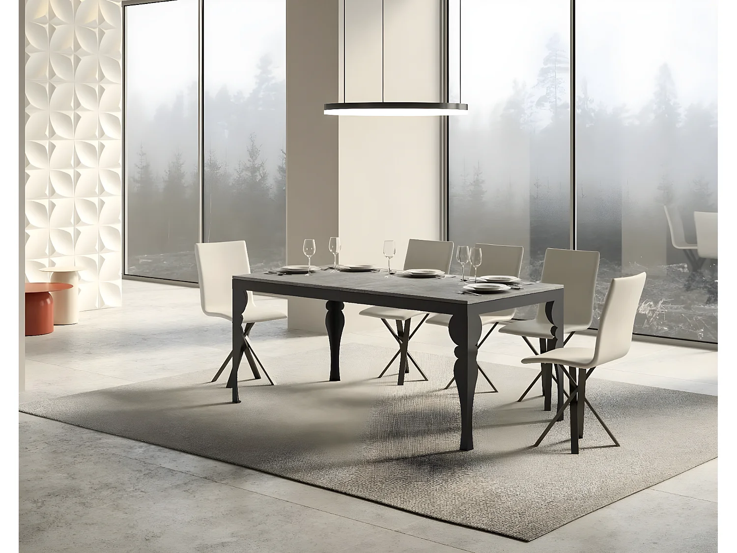 Mesa extensible con patas de acero antracita, estilo oriental Torza evolución-Color Gris cemento-Soporte 2 pies-Ancho extensible