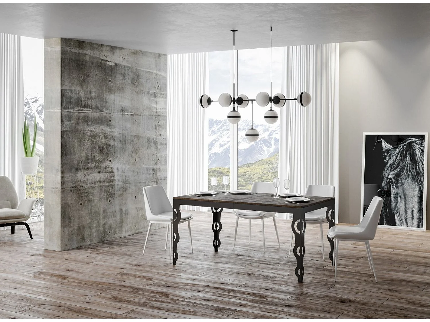 Table rectangulaire extensible orientale 6 à 10 personnes L 120 à 224cm bois noyer et cadre métal anthracite Zakary