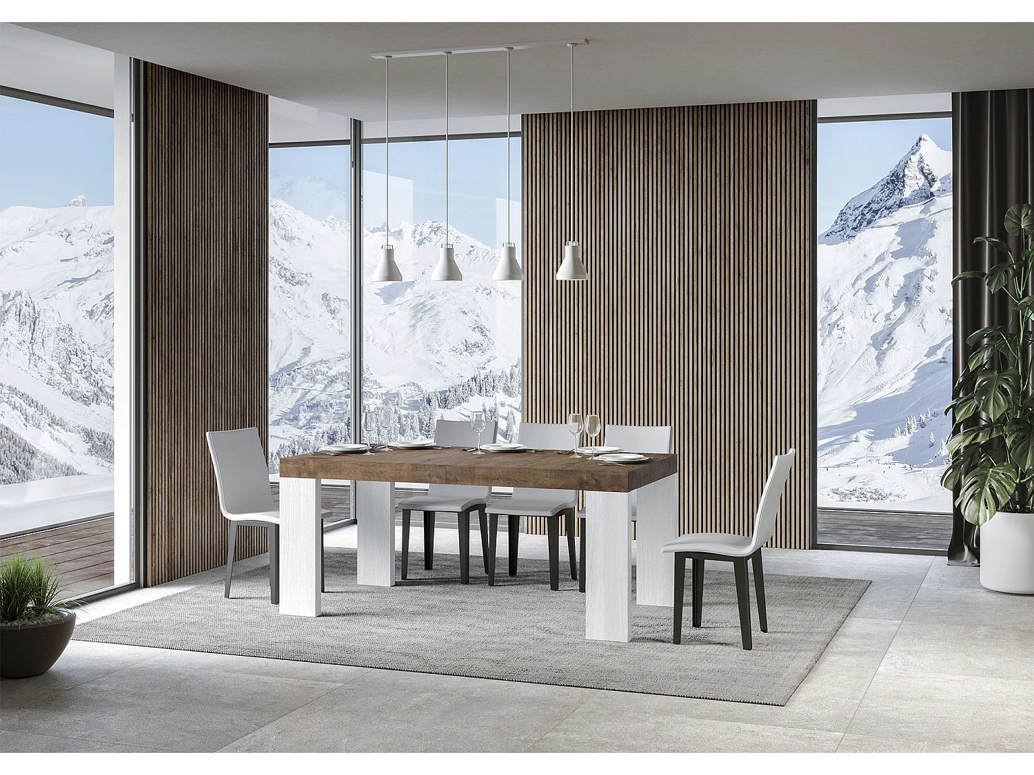 Table rectangulaire extensible bois noyer et blanc 160 à 420cm Ribo-Pied et support sur roulettes