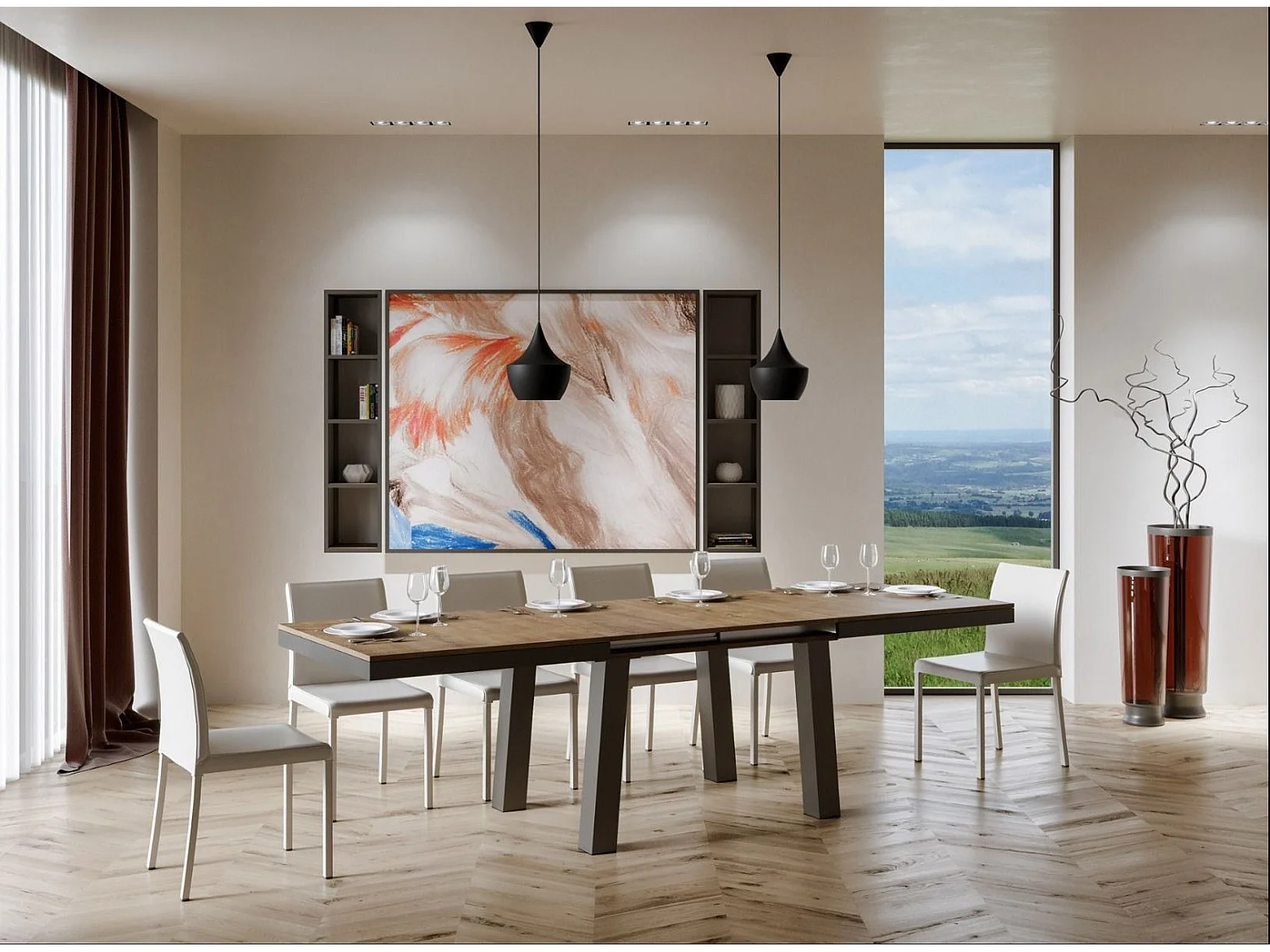 Uitschuifbare tafel 6 tot 20 plaatsen L 160 tot 420 cm donker hout en antraciet metalen frame Bidy