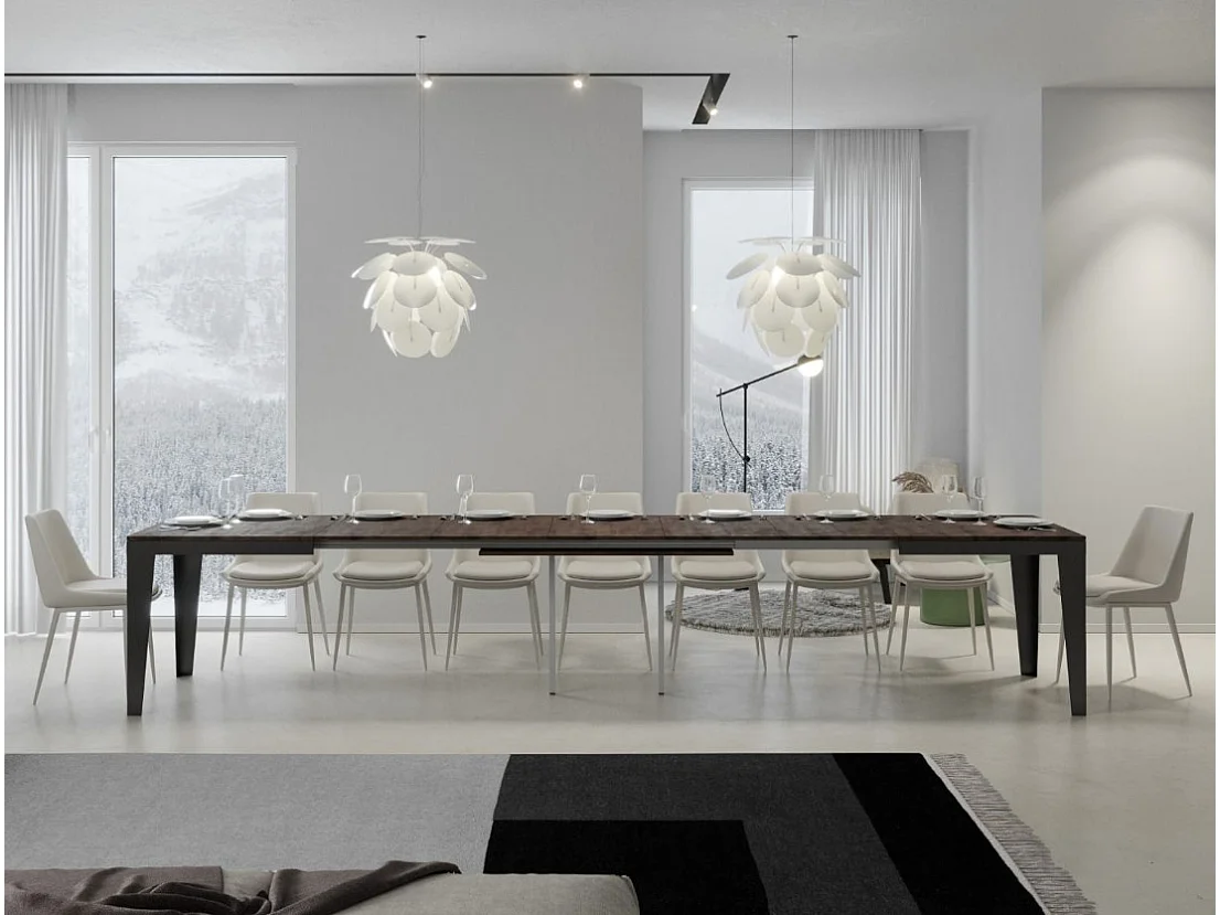 Table rectangulaire extensible 6 à 20 places L 180 à 440cm blanc foncé et pieds acier gris foncé Flavien