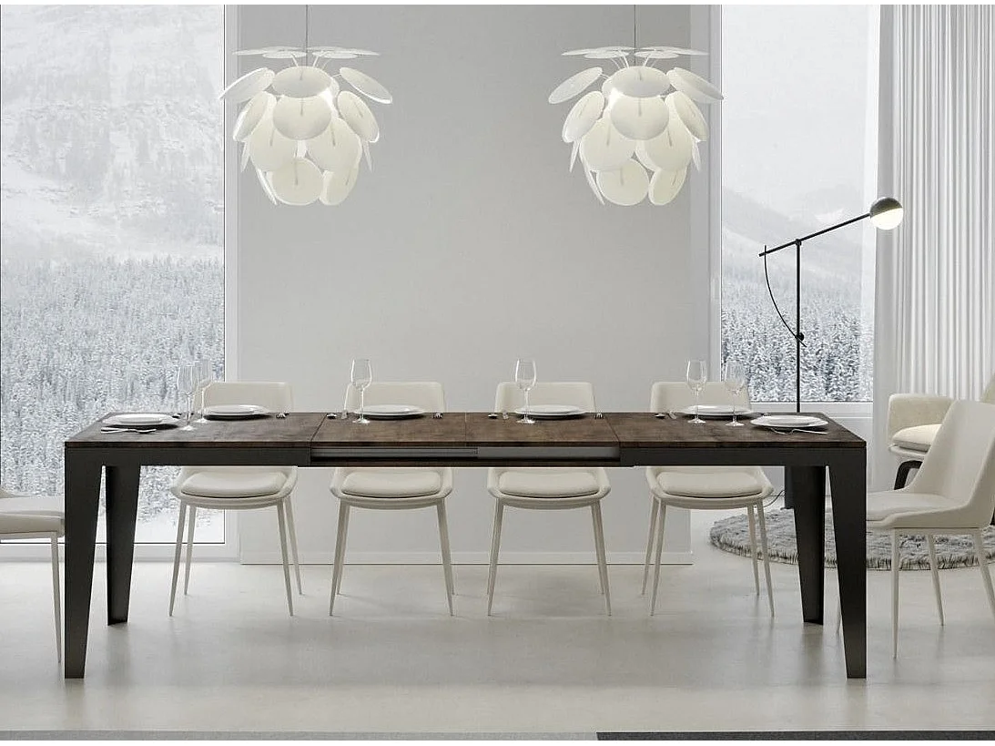 Table rectangulaire extensible 6 à 20 places L 180 à 440cm blanc foncé et pieds acier gris foncé Flavien