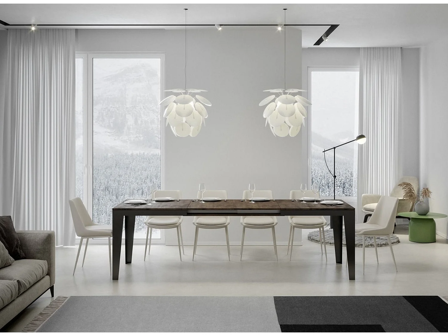 Table rectangulaire extensible 6 à 20 places L 180 à 440cm blanc foncé et pieds acier gris foncé Flavien