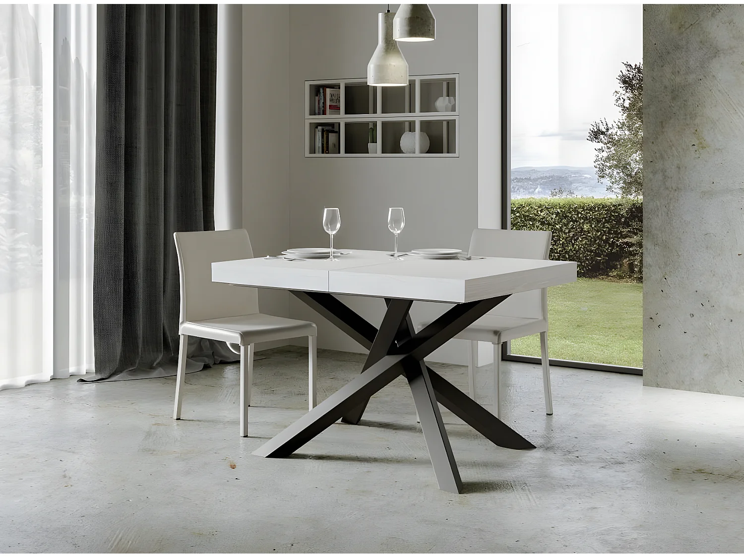 Table extensible 4 à 10 personnes blanche et pieds entrelacés anthracite L 130 à 234cm Artemis