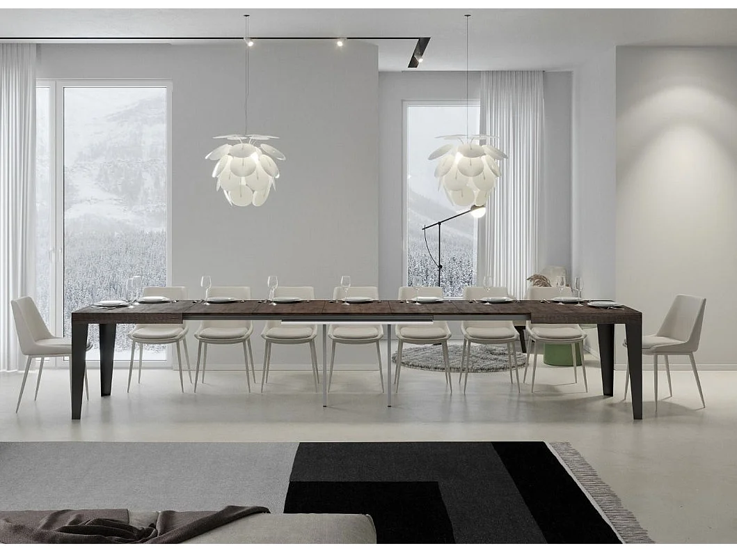 Mesa de comedor extensible Flavio-Color Marrón-Soporte 2 pies-5 alargaderas finas-Ancho extensible