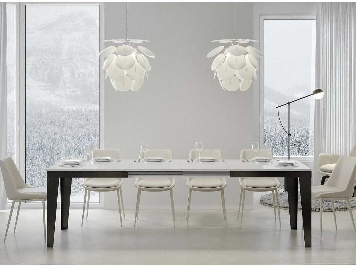 Table rectangulaire extensible 6 à 20 places L 160 à 420cm blanc laqué et pieds acier gris foncé Flavien