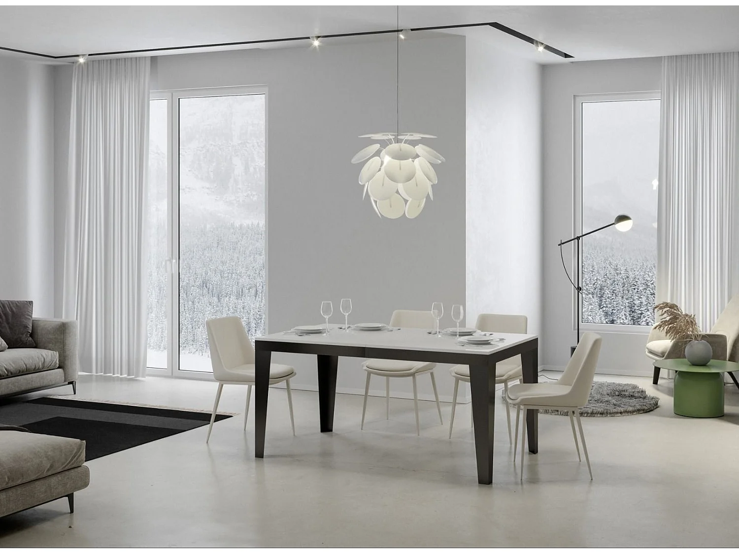 Table rectangulaire extensible 6 à 20 places L 160 à 420cm blanc laqué et pieds acier gris foncé Flavien