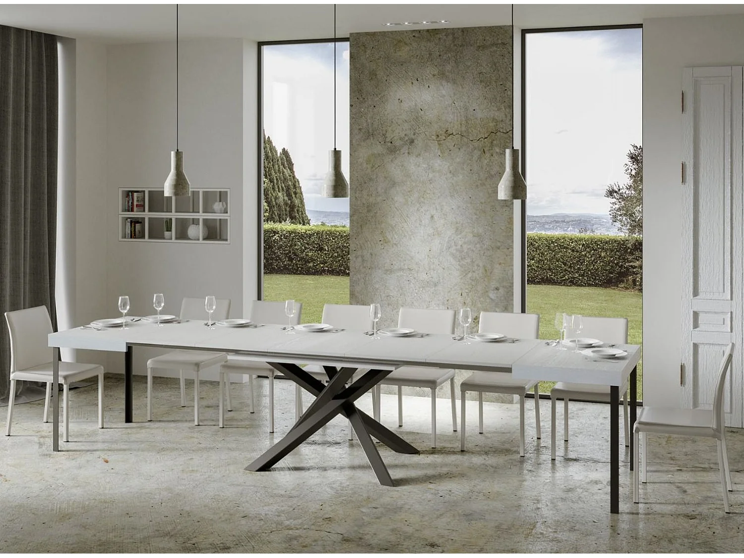 Mesa extensible de diseño con patas entrelazadas antracita Artemis-Color Blanco-5 alargaderas finas-Ancho extensible