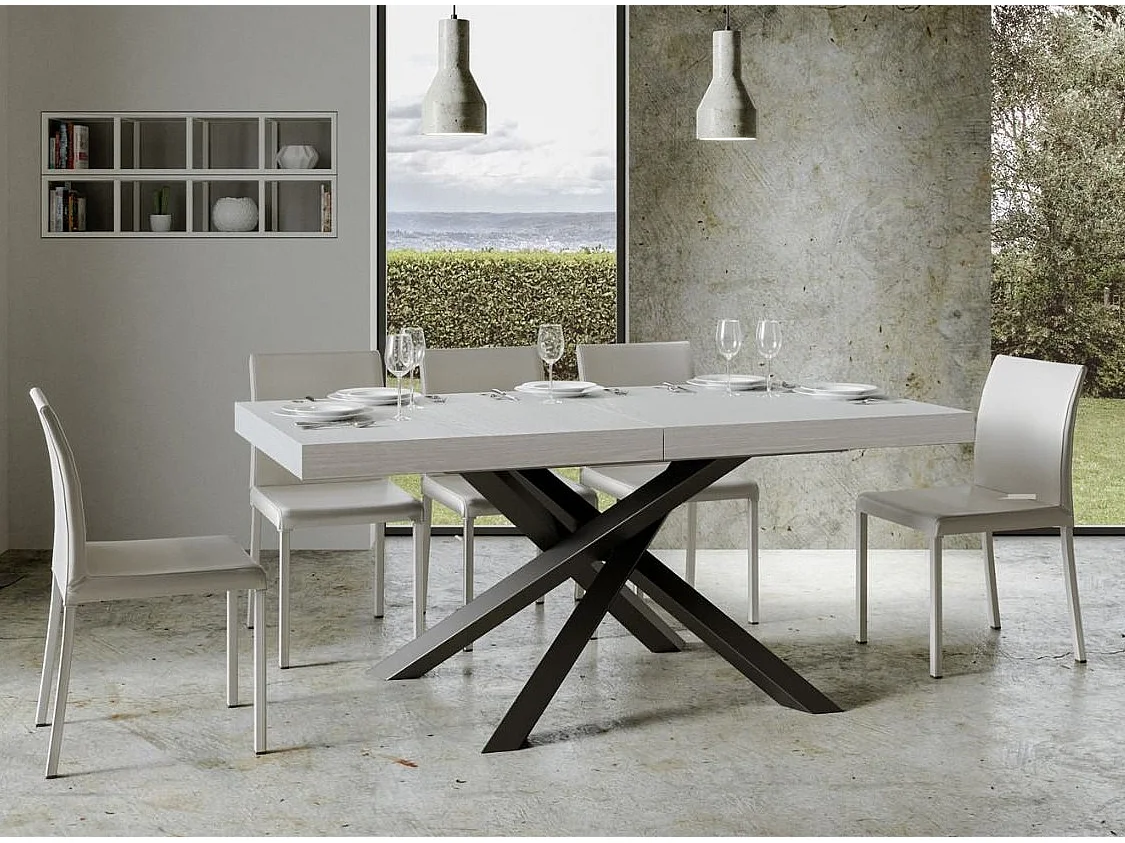 Table extensible 4 à 18 personnes blanche et pieds entrelacés anthracite L 130 à 390cm Artemis