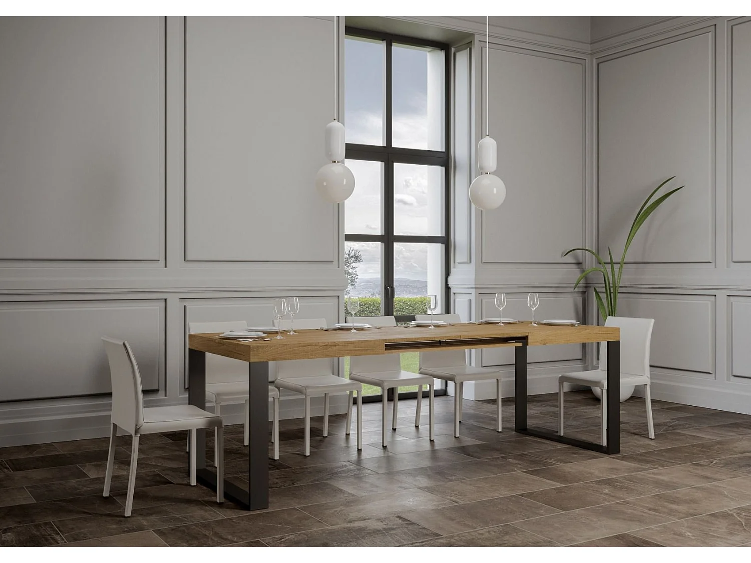 Table extensible 160 à 264cm bois clair et pieds métal anthracite Tiroz