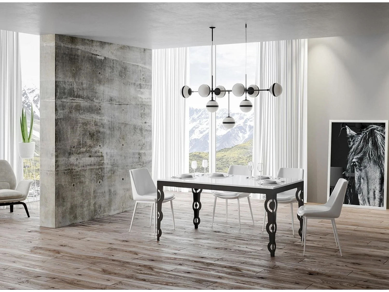 Table rectangulaire extensible orientale 6 à 10 personnes L 120 à 224cm blanc laqué et cadre métal anthracite Zakary