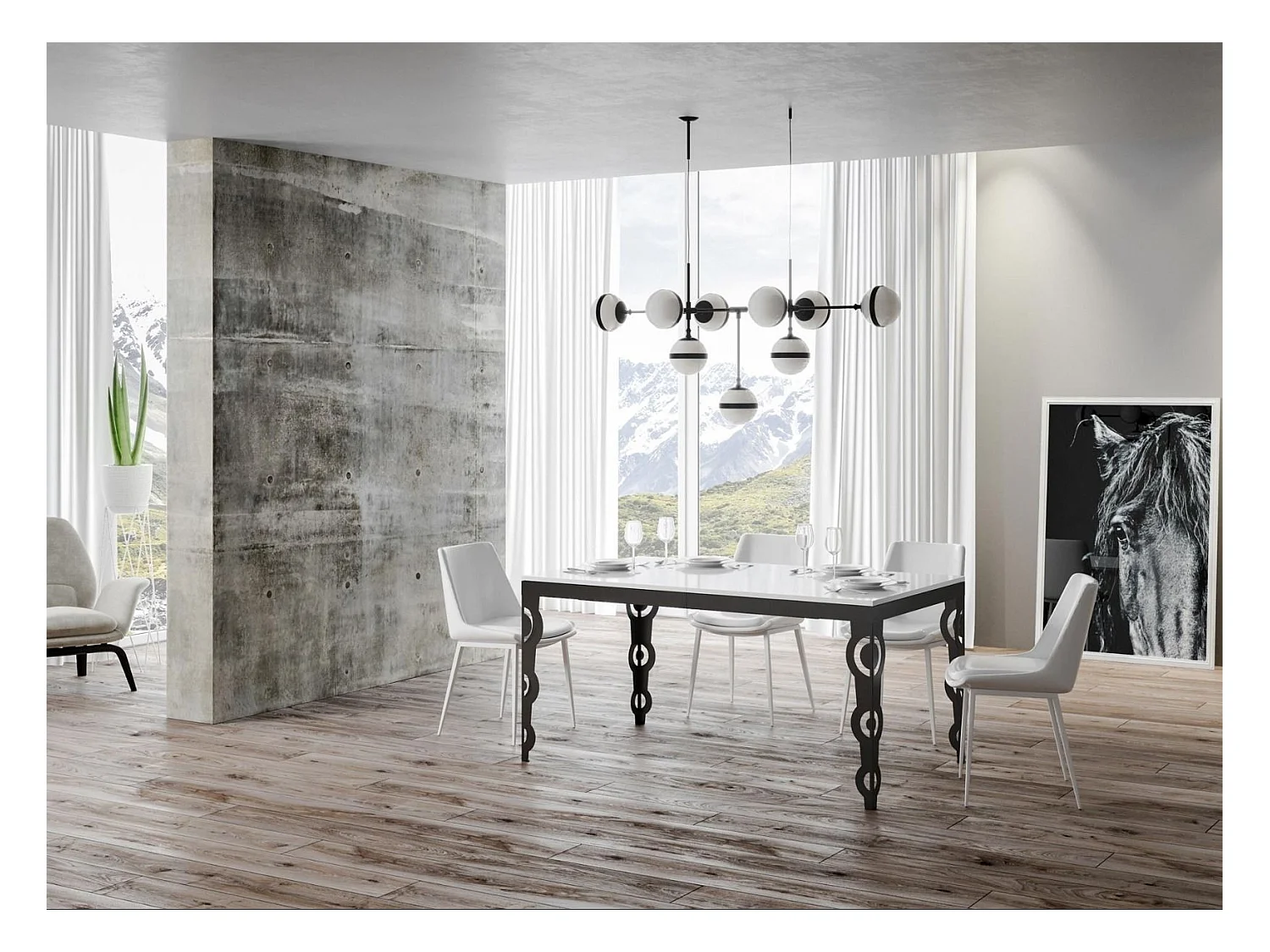 Table rectangulaire extensible orientale 6 à 10 personnes L 120 à 224cm blanc laqué et cadre métal anthracite Zakary