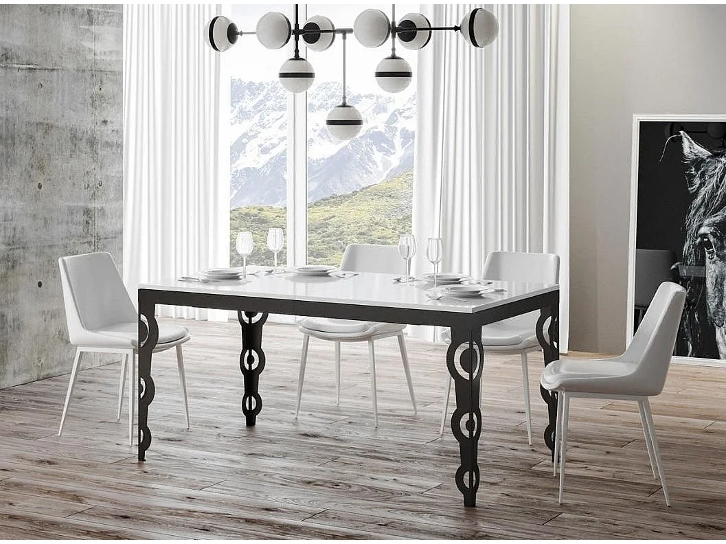 Table rectangulaire extensible orientale 6 à 10 personnes L 120 à 224cm blanc laqué et cadre métal anthracite Zakary