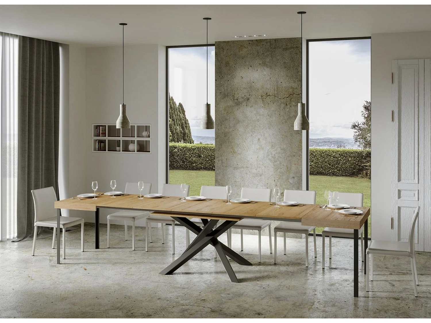 Mesa extensible de diseño con patas entrelazadas antracita Artemis-Color Natural-5 alargaderas finas-Ancho extensible