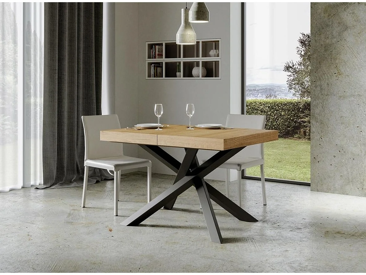 Mesa extensible de diseño con patas entrelazadas antracita Artemis-Color Natural-5 alargaderas finas-Ancho extensible