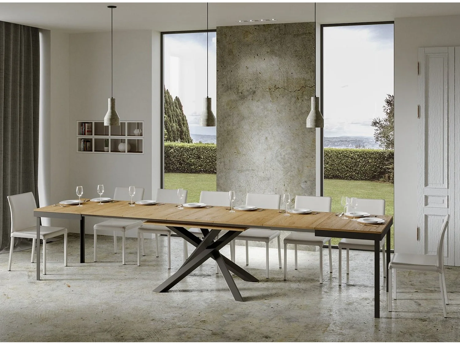 Mesa extensible de madera clara y estructura antracita 180/440 cm Klass