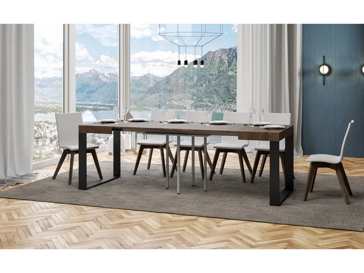 Petite table carrée extensible 90 à 246cm marron et pieds métal anthracite Tiroz