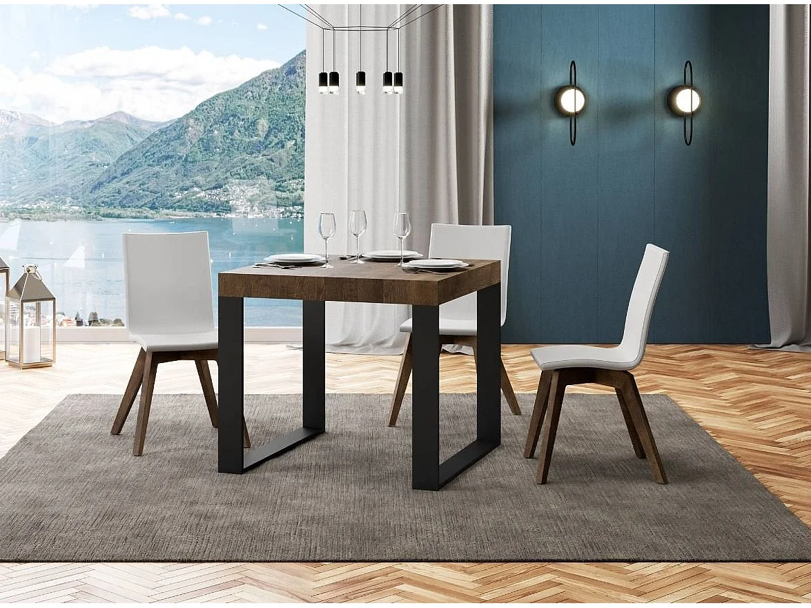 Petite table carrée extensible 90 à 246cm marron et pieds métal anthracite Tiroz