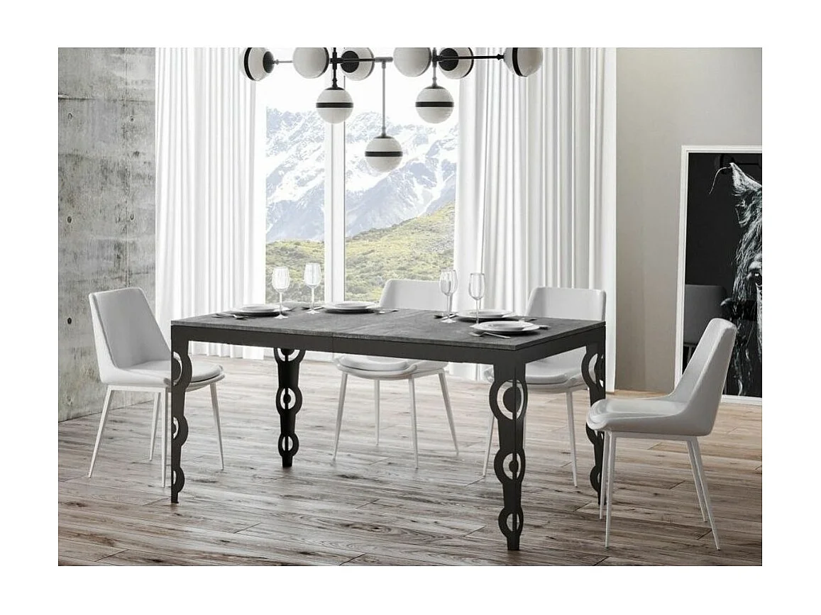 Oosterse uitschuifbare rechthoekige tafel voor 6 tot 10 personen L 120 tot 224 cm betongrijs en antraciet metalen frame Zakary