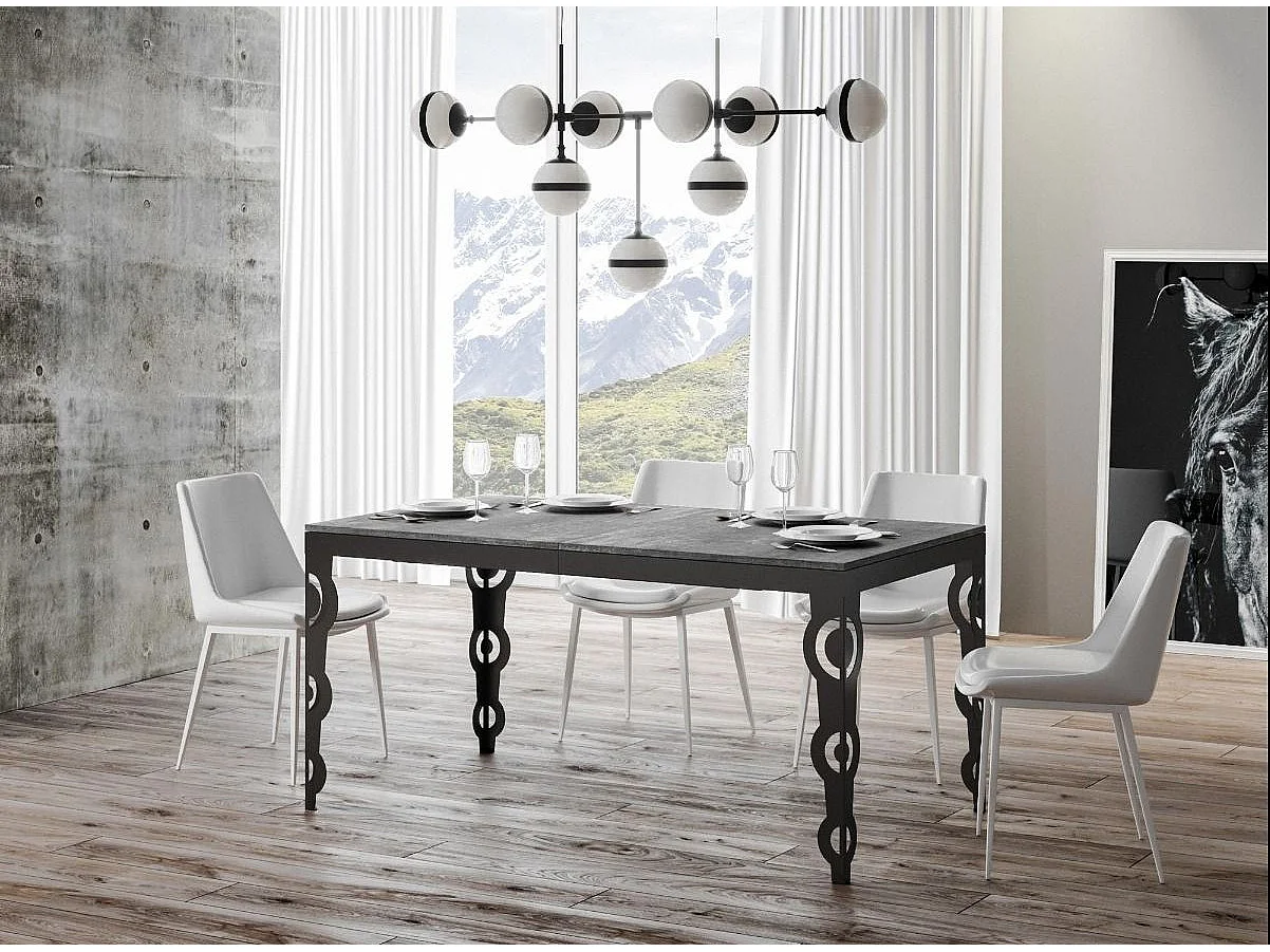 Oosterse uitschuifbare rechthoekige tafel voor 6 tot 10 personen L 120 tot 224 cm betongrijs en antraciet metalen frame Zakary