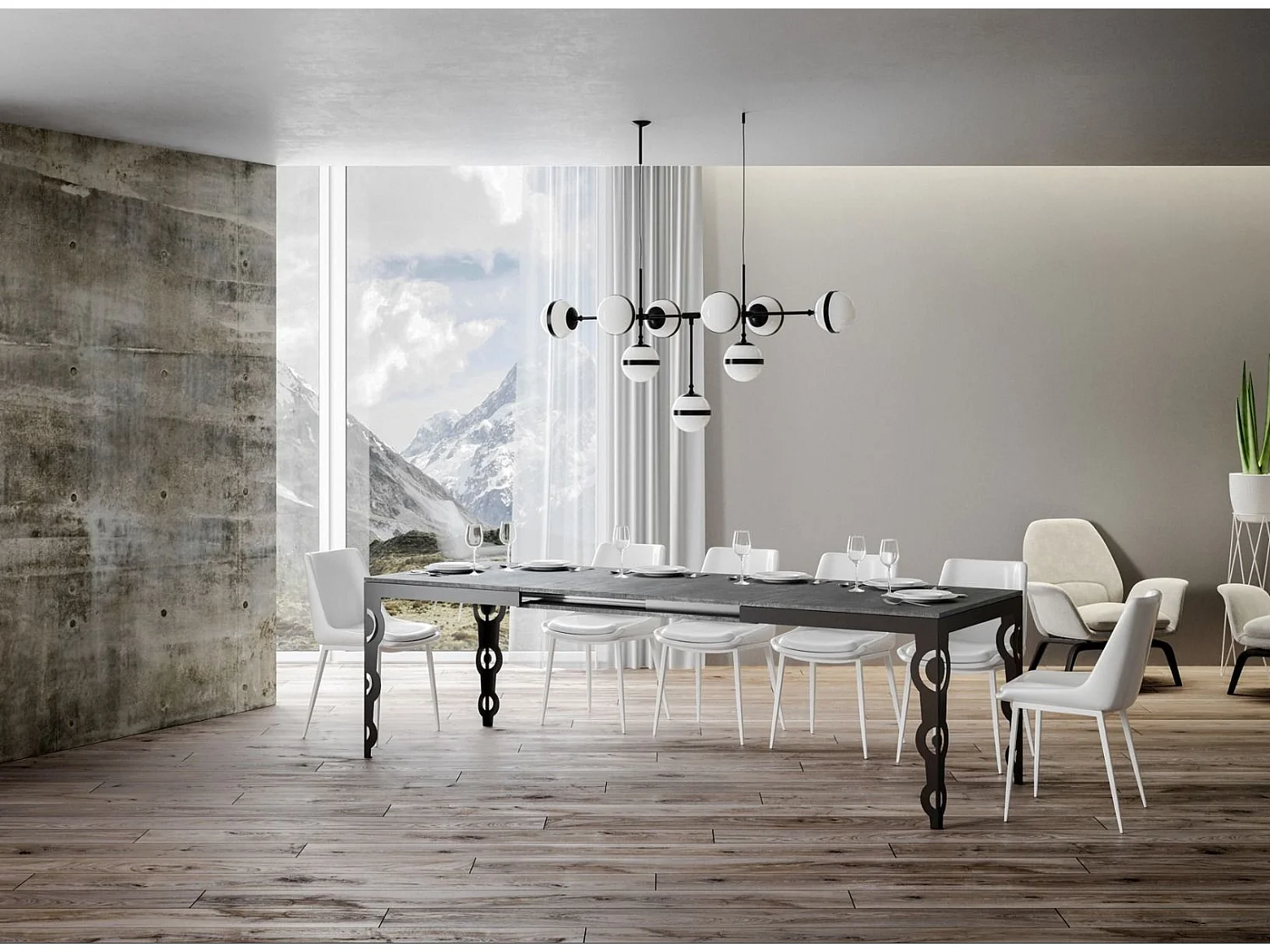 Table rectangulaire extensible orientale 6 à 10 personnes L 120 à 224cm gris béton et cadre métal anthracite Zakary