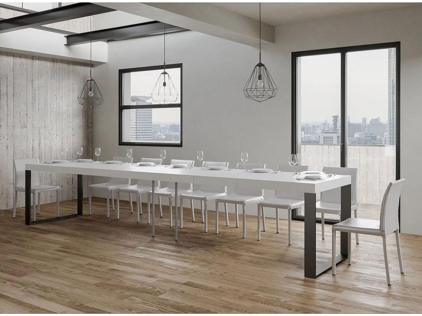 Grande table extensible 180 à 440cm blanche et pieds métal anthracite Tiroz-Pied et support sur roulettes-5 rallonges fines