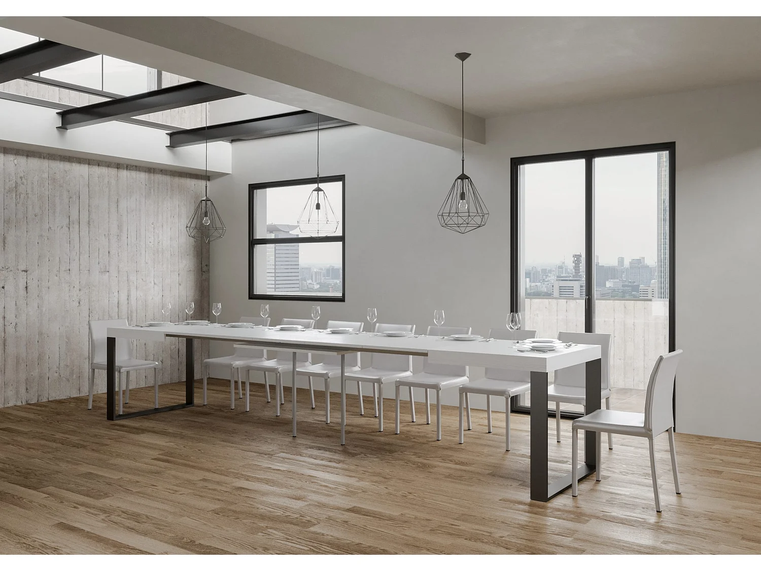 Grande table extensible 180 à 440cm blanche et pieds métal anthracite Tiroz-Pied et support sur roulettes-5 rallonges fines