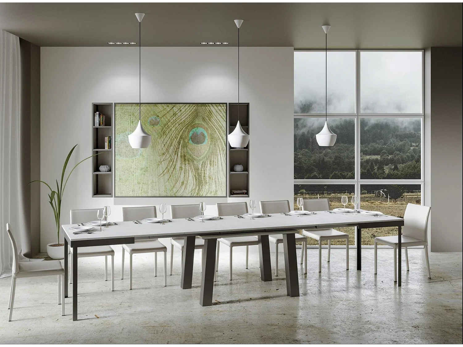 Bidy uitschuifbare tafel 6 tot 16 zitplaatsen L 120 tot 380 cm wit en antraciet metalen frame