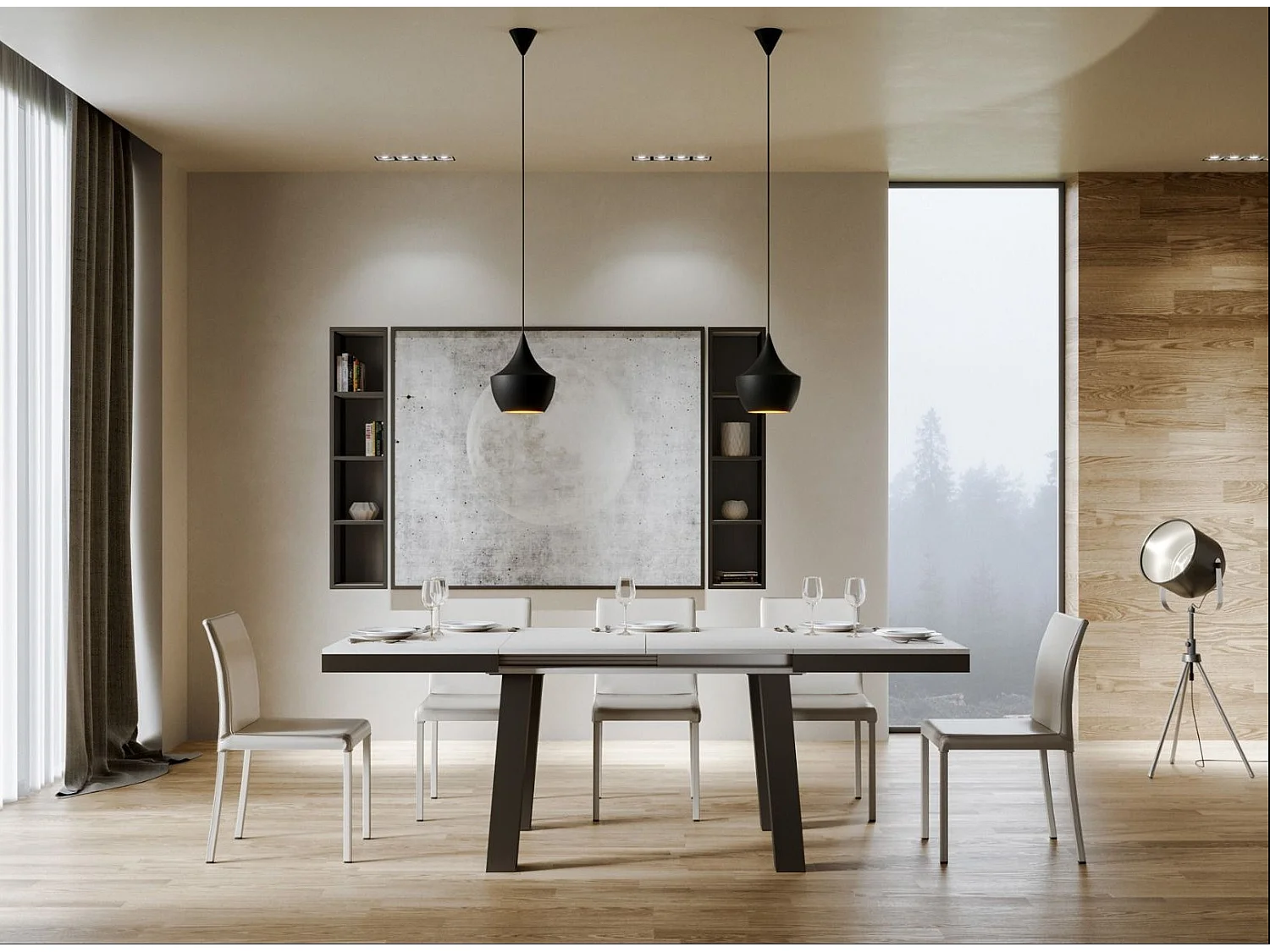 Table extensible 6 à 16 places L 120 à 380cm blanc et cadre métal anthracite Bidy