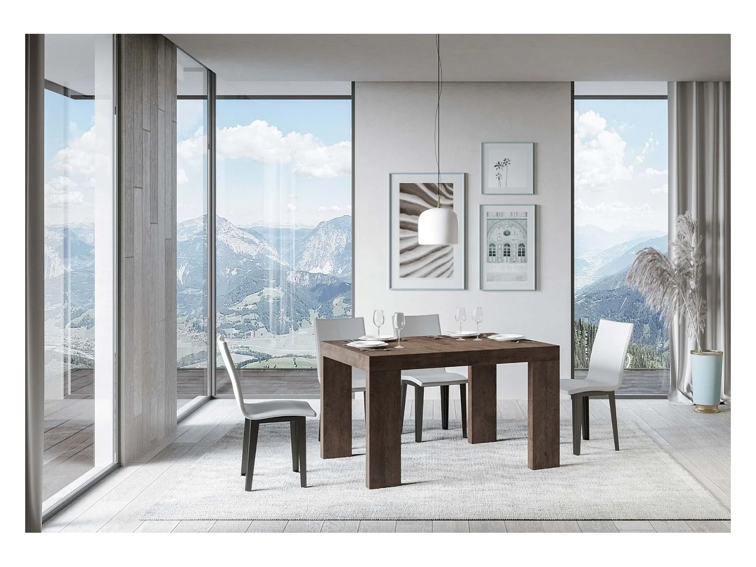 Table rectangulaire extensible 130 à 390cm bois foncé Ribo-Pied et support sur roulettes